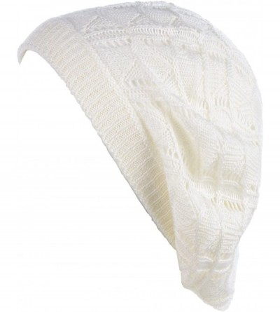 Berets Chic Parisian Style Soft Lightweight Crochet Cutout Knit Beret Beanie Hat - Wavy Stripes Off White - CU18EMHK8HW $22.72