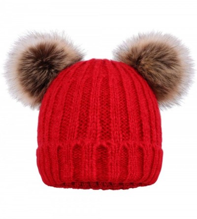 Skullies & Beanies Women's Winter Knitted Faux Fur Double Pom Pom Beanie Hat w/Lush Lining - Red Hat Coffee Ball - CV18KEL4RL...
