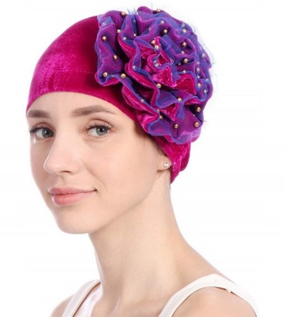 Skullies & Beanies Women Velvet Beading Flower Hat Cancer Chemo Beanie Cap - Hot Pink - C018HWK6DX3 $10.12