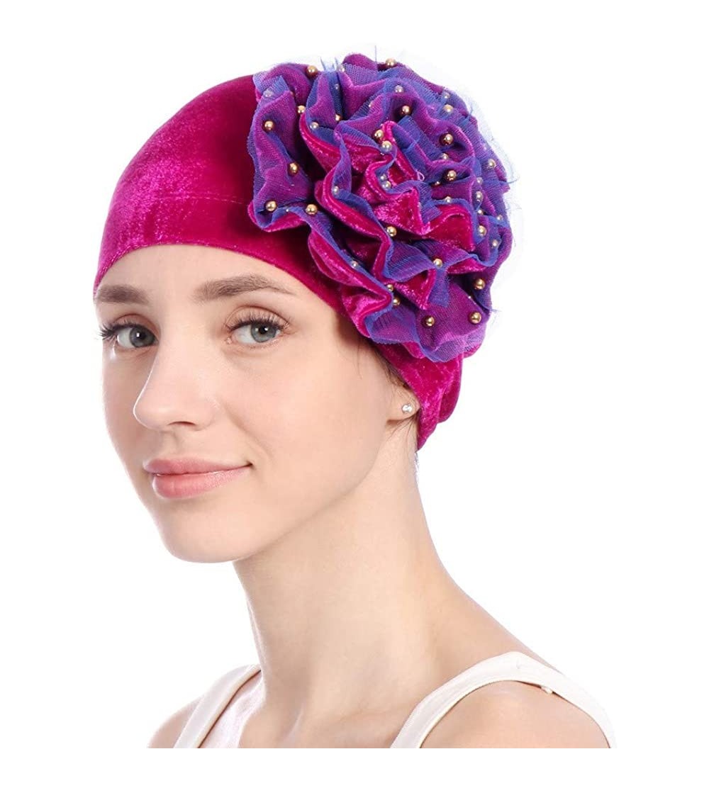 Skullies & Beanies Women Velvet Beading Flower Hat Cancer Chemo Beanie Cap - Hot Pink - C018HWK6DX3 $10.12