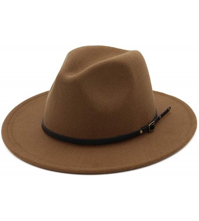 Fedoras Women's Classic Wide Brim Wool Fedora Panama Hat with Belt Buckle - Khaki - CJ18I8HU4MI $12.74