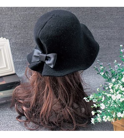 Bucket Hats Women's Retro Wool Felt Cloche Bucket Bowler Hat Spring Crushable Bowknot - Black - C11889NSOAT $23.33