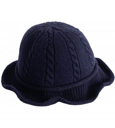 Bucket Hats Winter Knitted Wool Hat Women Bucket Hat Foldable Bow Warm Soft Cloche Cap - Navy Blue - C718IHS0LDA $15.54