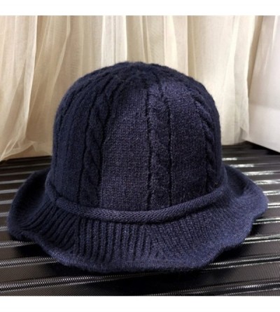 Bucket Hats Winter Knitted Wool Hat Women Bucket Hat Foldable Bow Warm Soft Cloche Cap - Navy Blue - C718IHS0LDA $15.54