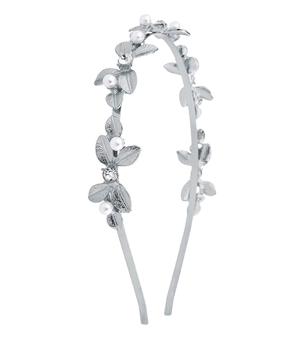 Headbands Goldtone Pearl Crystal Rhinestone Floral Leaf Metal Headband - Silver - CQ12NYPR3OO $9.10