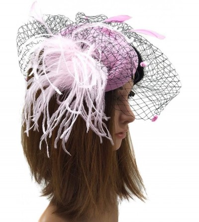 Berets Womens Fascinator Hat Sinamay Pillbox Flower Feather Tea Party Derby Wedding Headwear - Zf Pink - CP18KH6L20X $9.06