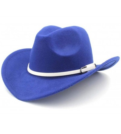Cowboy Hats Wool Blend Wide Brim Western Cowboy Hat Cowgirl Jazz Cap White Leather Belt - Blue - CB18IIZ50TR $25.09