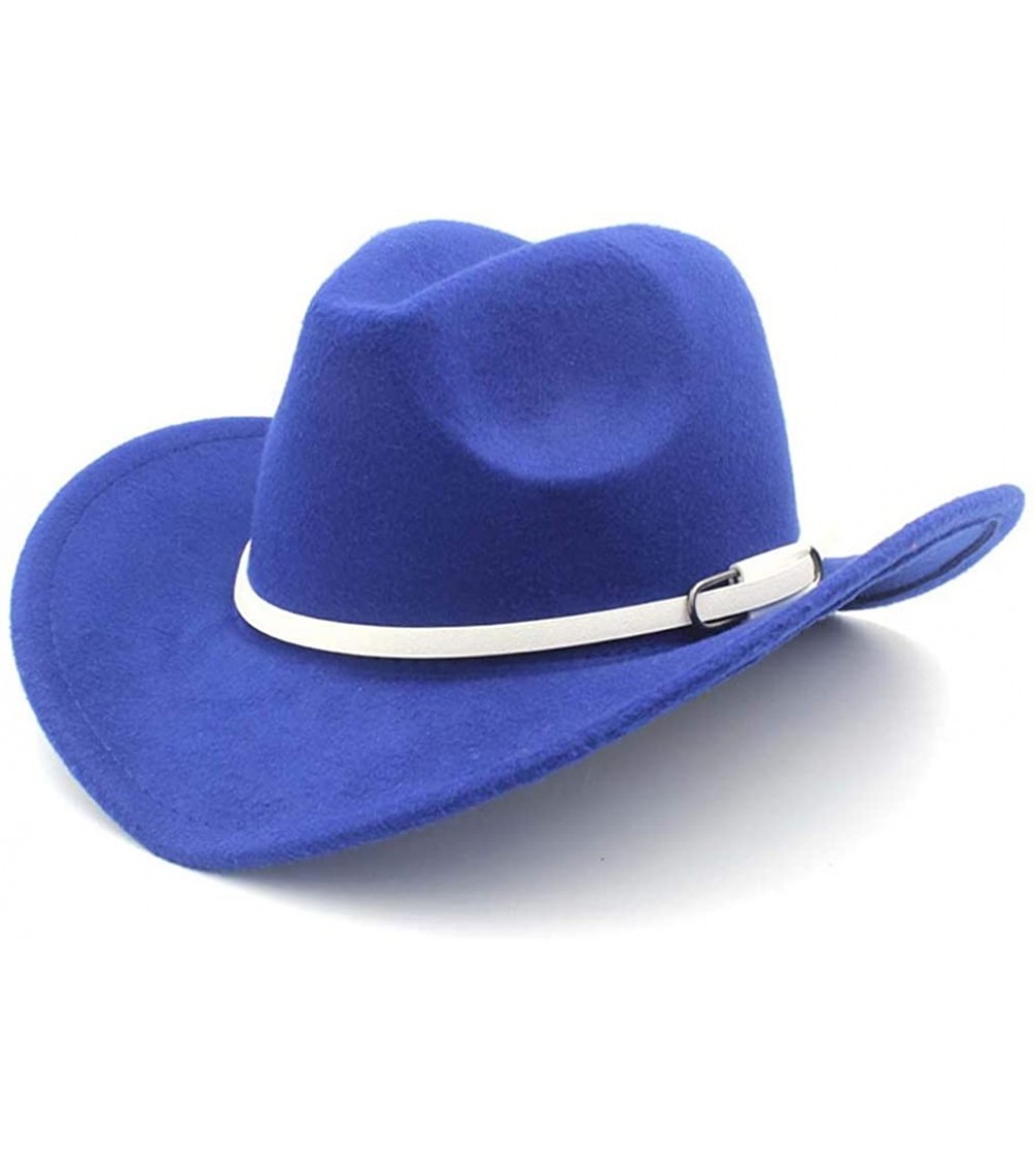 Cowboy Hats Wool Blend Wide Brim Western Cowboy Hat Cowgirl Jazz Cap White Leather Belt - Blue - CB18IIZ50TR $15.64