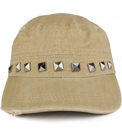Baseball Caps Distressed Flat Top Metallic Studded Frayed Cadet Style Army Cap - Tan - C9185OSRISO $16.78