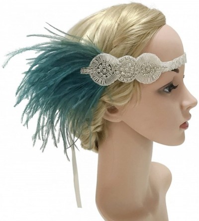 Headbands Vintage 1920s Black Feather Headpiece Gold Beaded Art Deco Flapper Headband - Blue - CC187Q5GLM7 $18.43