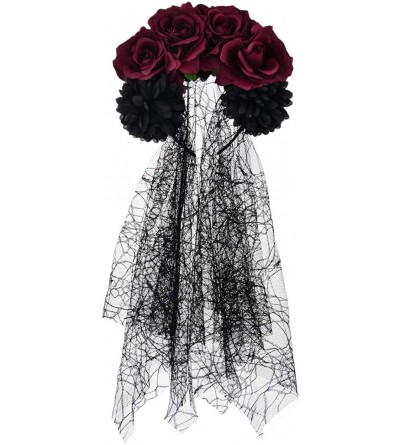 Headbands Day of The Dead Headband Costume Rose Flower Crown Mexican Headpiece BC40 - Veil Burgundy - CY18Y86N25C $16.23
