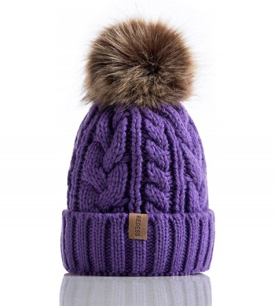Skullies & Beanies Women Winter Pompom Beanie Hat with Warm Fleece Lined- Thick Slouchy Snow Knit Skull Ski Cap - 1 Purple - ...