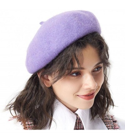 Berets 100% Wool French Beret for Women Classic Solid Color Artist Beret Knitted Cap - Purple - CC18A2X7S0S $20.47