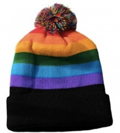 Skullies & Beanies Ski Cap Short Pom Pom Rainbow Black Brim Winter Cap. LGBT Gay & Lesbian Pride Hat - C811PEW0IYT $47.62