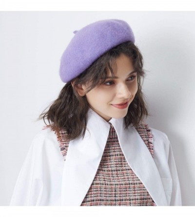 Berets 100% Wool French Beret for Women Classic Solid Color Artist Beret Knitted Cap - Purple - CC18A2X7S0S $11.84