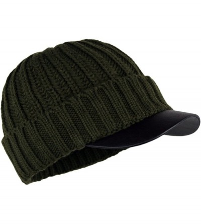 Skullies & Beanies Men's Winter Visor Beanie Knitted Hat with Faux Leather Brim - Olive - CN1266HRTPL $17.35