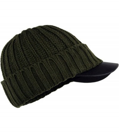 Skullies & Beanies Men's Winter Visor Beanie Knitted Hat with Faux Leather Brim - Olive - CN1266HRTPL $17.35