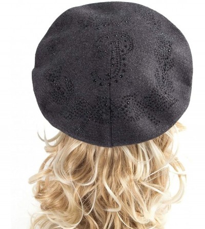 Berets Beret Hats for Women Rhinestones 2 Layers Wool French Hat Lady Winter Black Red - Grey-black Rhinestones - C618XTU07EX...