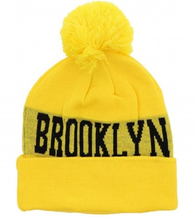 Skullies & Beanies Brooklyn Beenie City Winter Knitted Pom Pom Beanie Hat - Neon Yellow - CK18H5EMR5U $10.20