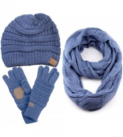 Skullies & Beanies 3pc Set Trendy Warm Chunky Soft Stretch Cable Knit Beanie- Scarves and Gloves Set - Denim - CD18H6KWA59 $3...
