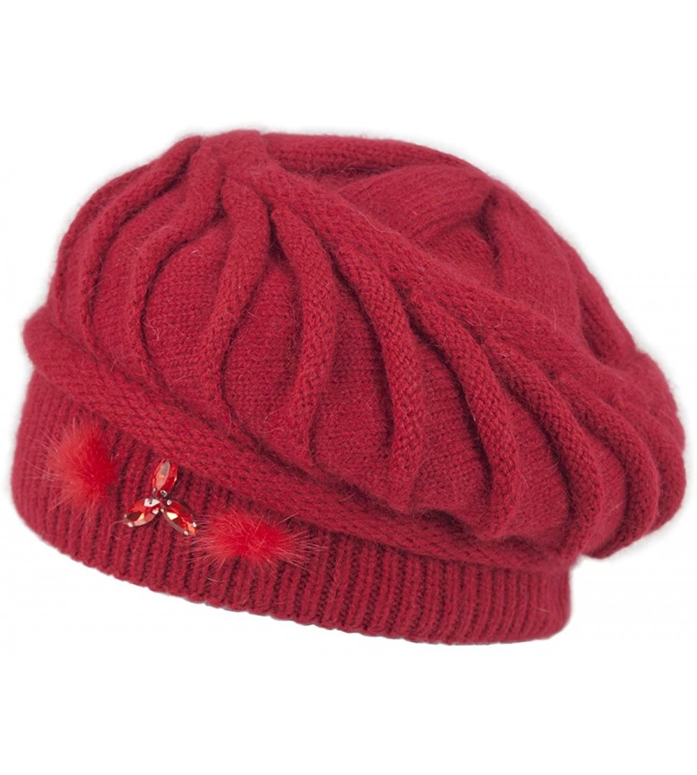 Skullies & Beanies Women's Angora Blend Beanie Hat - Spiral Twist Pattern - Dual Layer - Red - CH12NYDOJVN $20.16