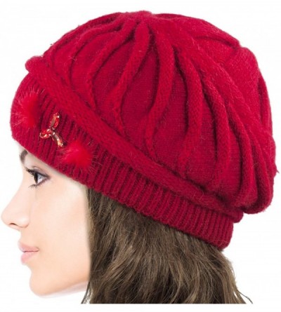 Skullies & Beanies Women's Angora Blend Beanie Hat - Spiral Twist Pattern - Dual Layer - Red - CH12NYDOJVN $20.16