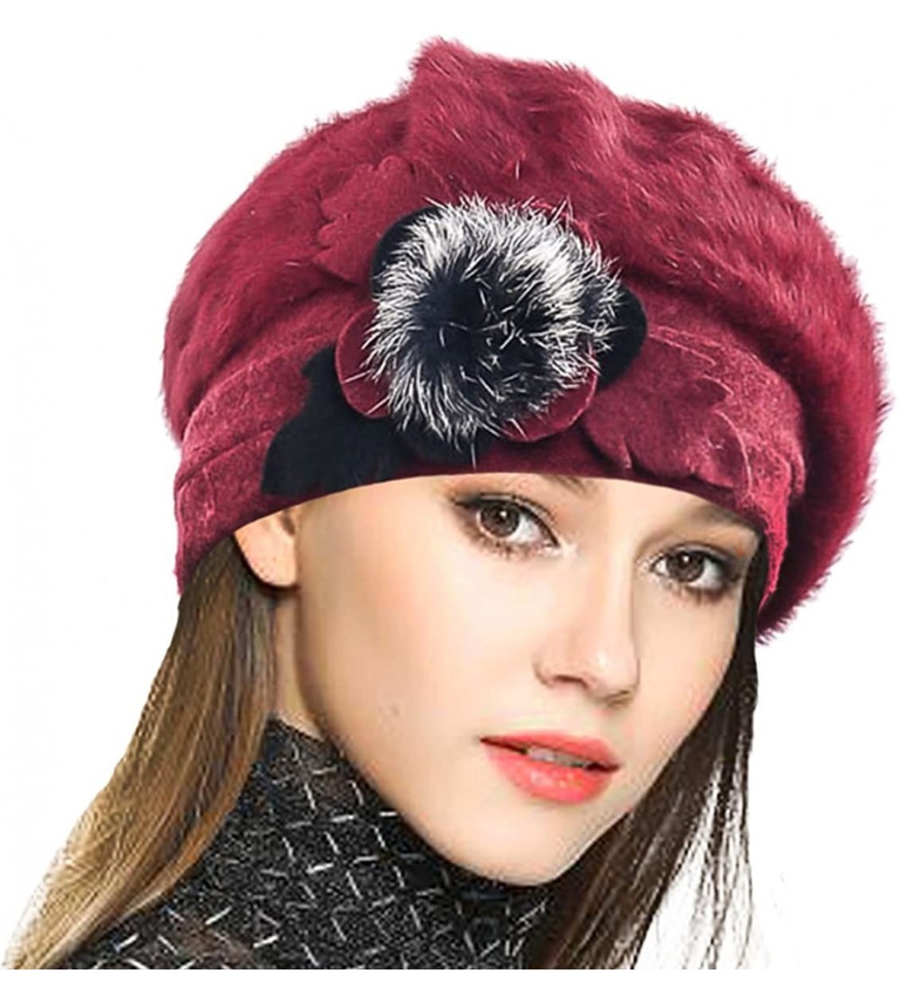 Berets Lady French Beret 100% Wool Beret Floral Dress Beanie Winter Hat - Angola-claret - C512O65QNHB $16.04