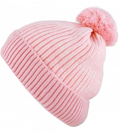 Skullies & Beanies Exclusive Ribbed Knit Warm Fuzzy Thick Fleece Lined Winter Skull Beanie - Light Pink With Pom - CJ18KC0X29...