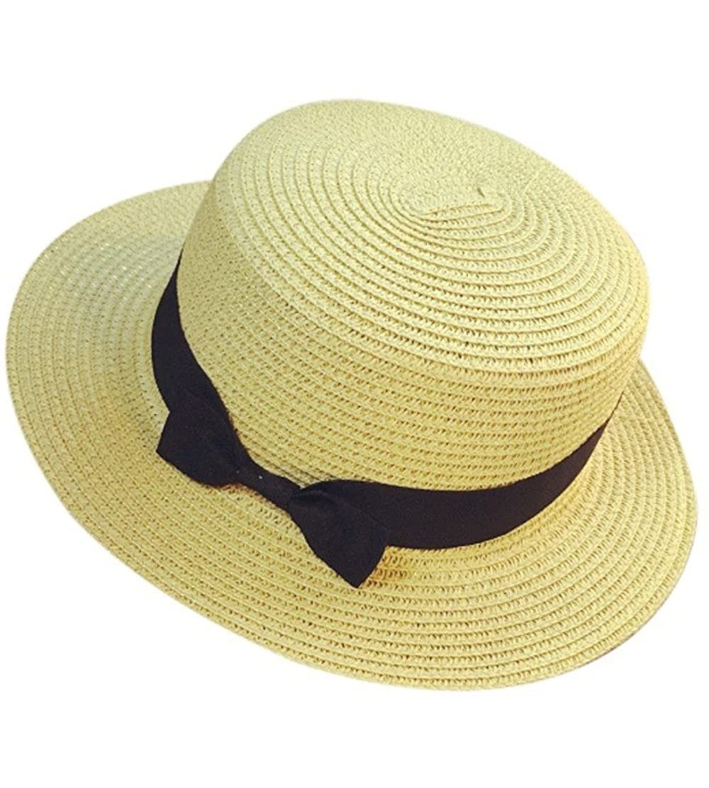 Sun Hats Unisex Trilby Gangster Cap Beach Sun Straw Hat Bow Tie Band Sun hat Beach Fishing Hat - Beige - CA18UD7AYXA $12.59