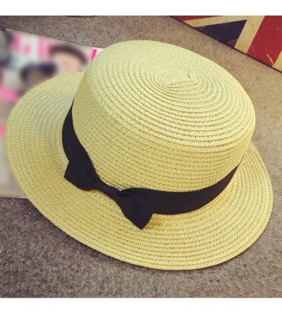Sun Hats Unisex Trilby Gangster Cap Beach Sun Straw Hat Bow Tie Band Sun hat Beach Fishing Hat - Beige - CA18UD7AYXA $12.59