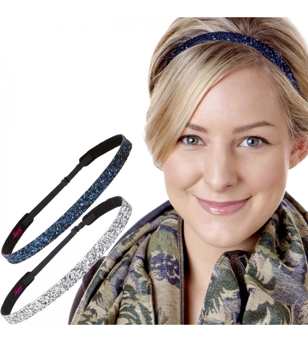 Headbands 2pk Women's Adjustable Non Slip Skinny Bling Glitter Headband Silver Duo Pack - Silver & Navy - CC11RV4TA4B $14.82