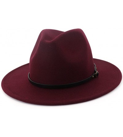 Fedoras Women Wide Brim Wool Fedora Panama Hat with Belt Buckle - A-wine - C818GM364XH $17.55