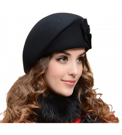 Skullies & Beanies Lady Women Autumn Winter Wool Warm Felt French Flower Beret Beanie Ski Hat Tam Cap (Black) - CU12O2Q9TP1 $...