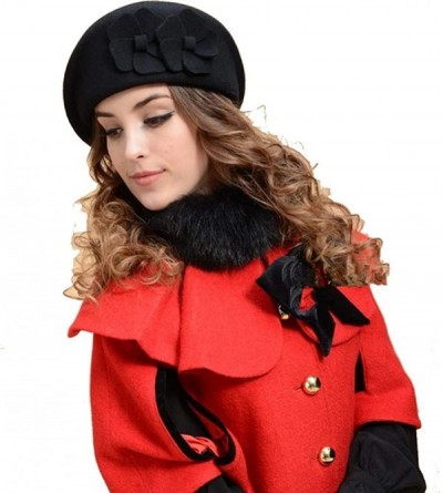 Skullies & Beanies Lady Women Autumn Winter Wool Warm Felt French Flower Beret Beanie Ski Hat Tam Cap (Black) - CU12O2Q9TP1 $...