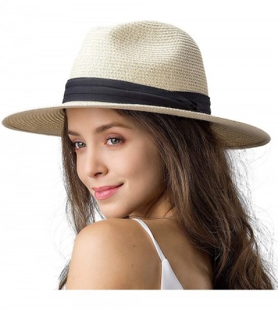 Fedoras Womens Mens Wide Brim Straw Panama Hat Fedora Summer Beach Sun Hat UPF - A-beige - CW18SIU737W $20.22