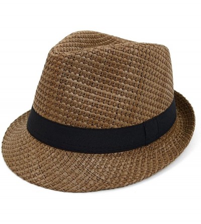 Fedoras Unisex Summer Short Brim Fedora - Hats for Men & Women + Panama Hats & Straw Hats - Taupe Banded - CQ182K2K5R2 $26.43