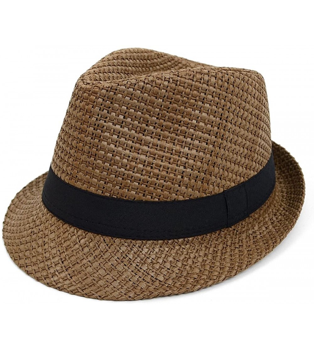 Fedoras Unisex Summer Short Brim Fedora - Hats for Men & Women + Panama Hats & Straw Hats - Taupe Banded - CQ182K2K5R2 $12.46