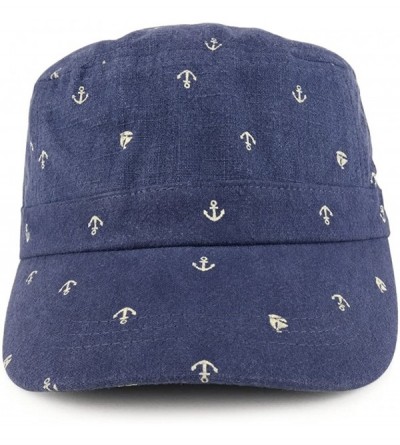 Baseball Caps Flat Top Style Cotton Linen Army Cap with Anchor Print Pattern - Navy - CP186TLMXQO $13.43