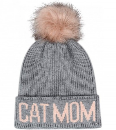 Skullies & Beanies Cat Mom Faux Fur Pompom Knit Beanie - Grey Hat Pink Cat Mom - CS18LY9MZ3N $15.10