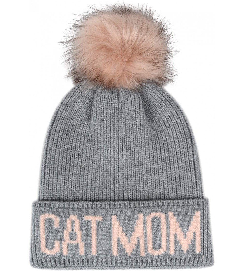 Skullies & Beanies Cat Mom Faux Fur Pompom Knit Beanie - Grey Hat Pink Cat Mom - CS18LY9MZ3N $15.10