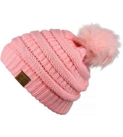 Skullies & Beanies Exclusive Soft Stretch Cable Knit Faux Fur Pom Pom Beanie Hat - Pale Pink Pom - CR1875M253T $13.31