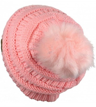 Skullies & Beanies Exclusive Soft Stretch Cable Knit Faux Fur Pom Pom Beanie Hat - Pale Pink Pom - CR1875M253T $13.31