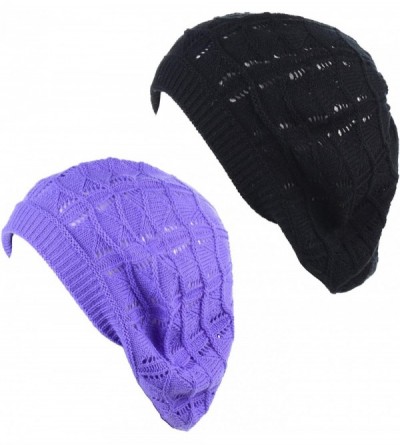 Berets Chic Soft Knit Airy Cutout Lightweight Slouchy Crochet Beret Beanie Hat - 2-pack Purple & Black - CE18LEI7XM4 $33.17