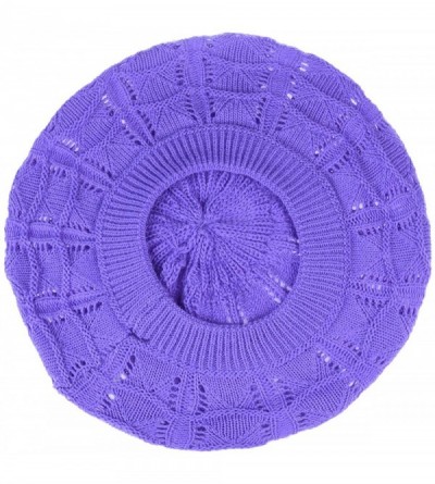 Berets Chic Soft Knit Airy Cutout Lightweight Slouchy Crochet Beret Beanie Hat - 2-pack Purple & Black - CE18LEI7XM4 $15.04