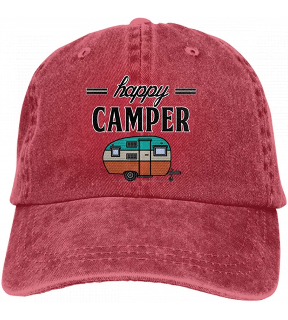 Baseball Caps Adults Happy Camper Denim Caps Hiking Baseball Caps Camping Unconstructed Hats - Red - CL18M5YM552 $11.74