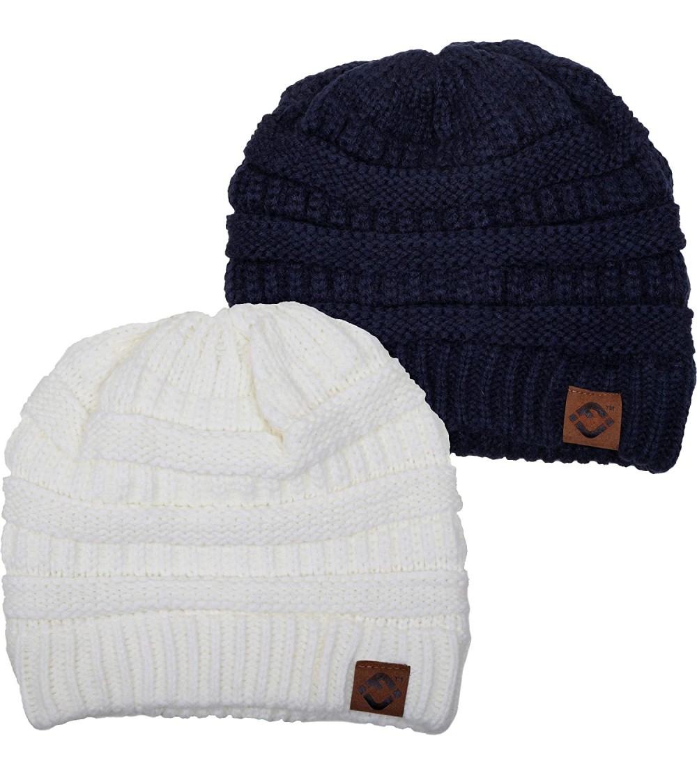 Skullies & Beanies FJ Knit Cap Women's/Men's Winter Hat Soft Slightly Slouchy Beanie - 2 Pack - Ivory & Navy - CN18MHG5NLQ $1...