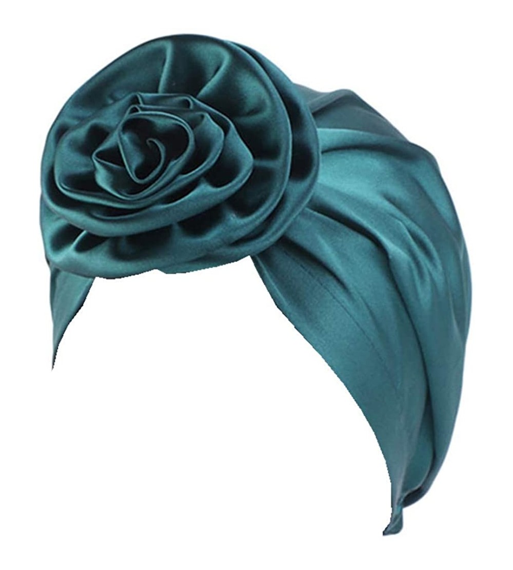 Skullies & Beanies Women's Satin Flower Elastic Turban Beanie Chemo Cap Hair Loss Hat - Green - CS18SL7AQU3 $8.19