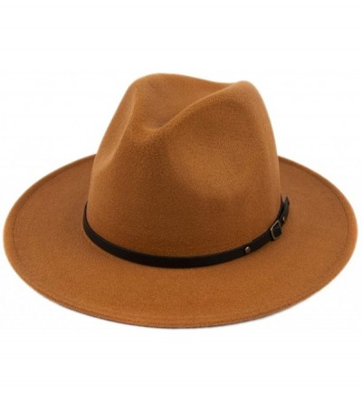 Fedoras Women Lady Wide Brim Warm Wool Fedora Hat Classic Belt Panama Hat - Style 1-khaki - CV18HMHI3OE $18.53