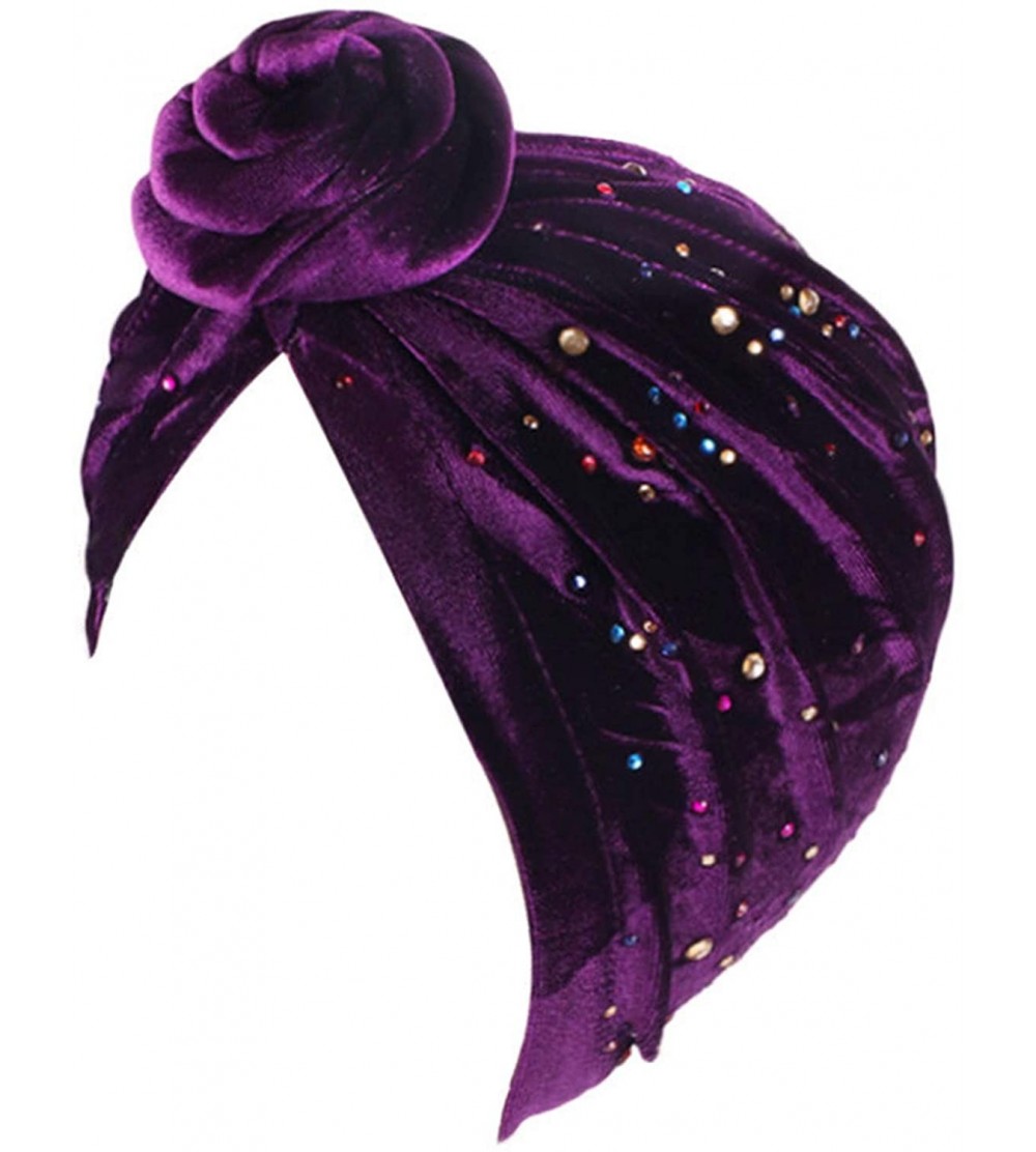 Skullies & Beanies Shiny Turban Hat Headwraps Twist Pleated Hair Wrap Stretch Turban - Purple Velvet - C718ARO2R3Z $11.00