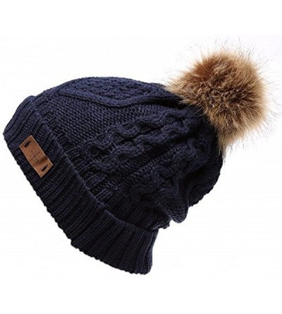 Skullies & Beanies Women's Fleece Lined Knitted Slouchy Faux Fur Pom Pom Cable Beanie Cap Hat - Navy Blue - C618725KRG6 $14.59